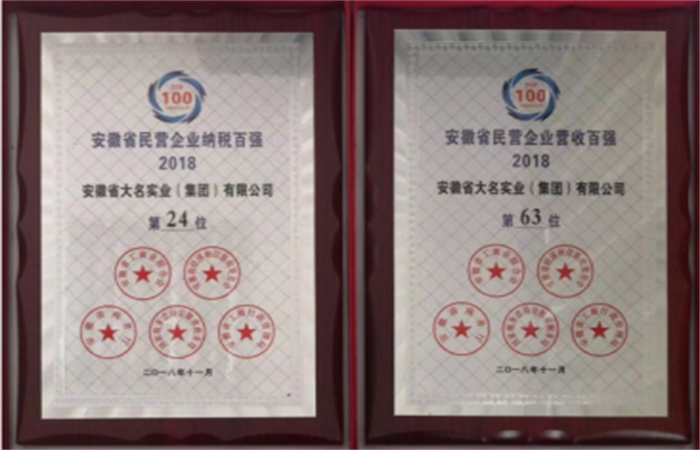 2018年安徽省民營(yíng)企業(yè)百?gòu)?qiáng)，安徽省大名實(shí)業(yè)（集團(tuán)）有限公司榜上有名
