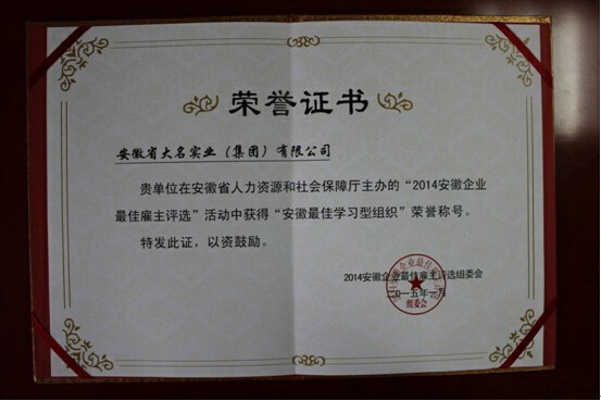 大名集團(tuán)榮膺安徽企業(yè)“最佳學(xué)習(xí)型組織”殊榮